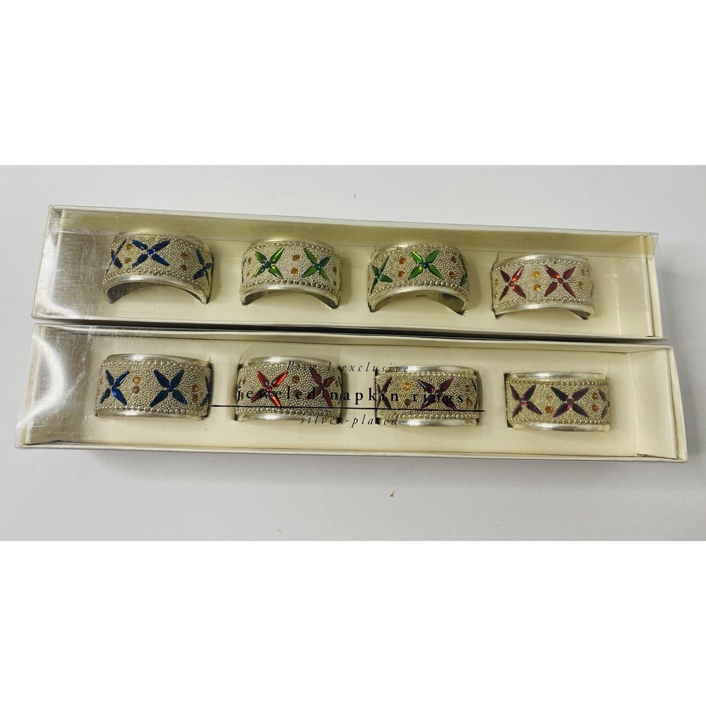 Pier 1 Jeweled Napkin Rings 2 Boxes 8 Rings Total Silver Plated Kitchen Decor